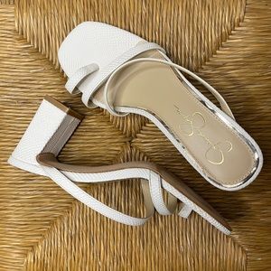 Jessica Simpson Square Toe Block Heel Faux Leather Sandals, White, Size 8